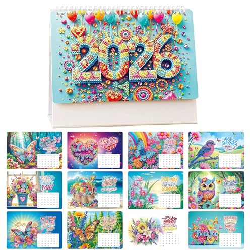 Calendrier 2026 de Diamond Painting, Diamond Painting de Noël, Calendrier de Bureau DIY en Broderie Diamant de Noël, Calendrier de Table en Diamant à Poser, Calendrier sur 12 Mois, Cadeau pour 2026