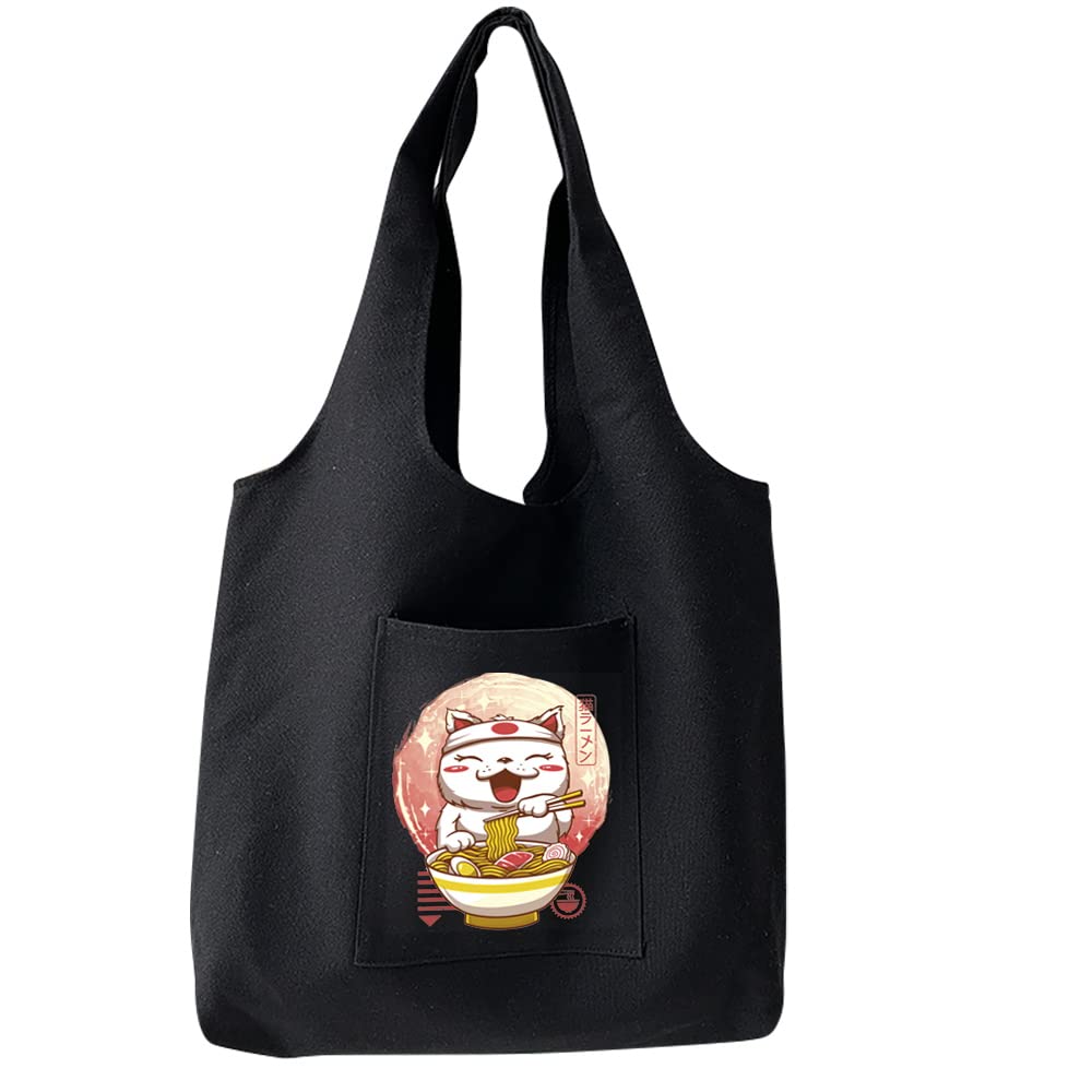 FINDING CASE Reusable Heavy Duty Shopping Medium Tote Bag 100% Cotton Canvas with Strong Matching Handles,Shopping Bags Large Capacity Canvas Tote Bags with Inner Pocket (Cat Noodle)