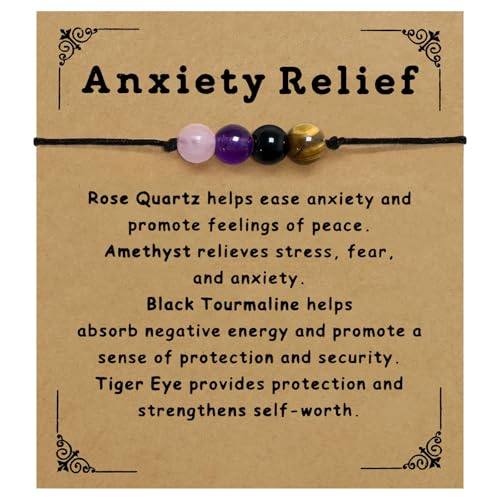 Nanafast Anxiety Relief Bracelet for Women Natural Healing Crystal Bracelets Adjustable Amethyst Beaded Bracelet Anxiety Relief Items with Message Card