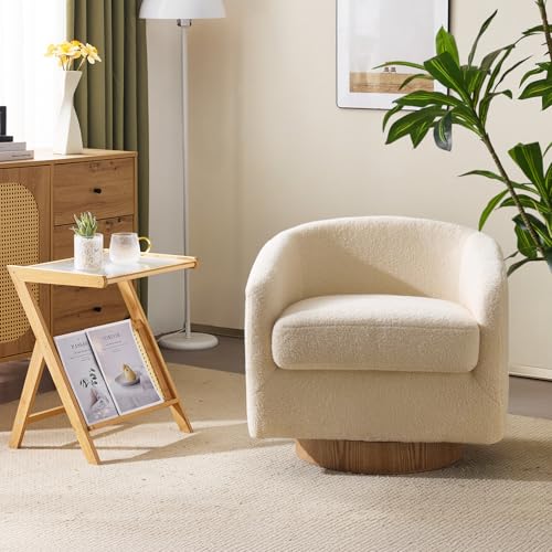 VINGLI 360°Swivel Accent Chair with Engineered Wood Base and Removable Cushion for Living Room, Bedroom, Curved Back Barrel Chair for Small Space, Upholstered Bucket Armchair, Teddy Khaki