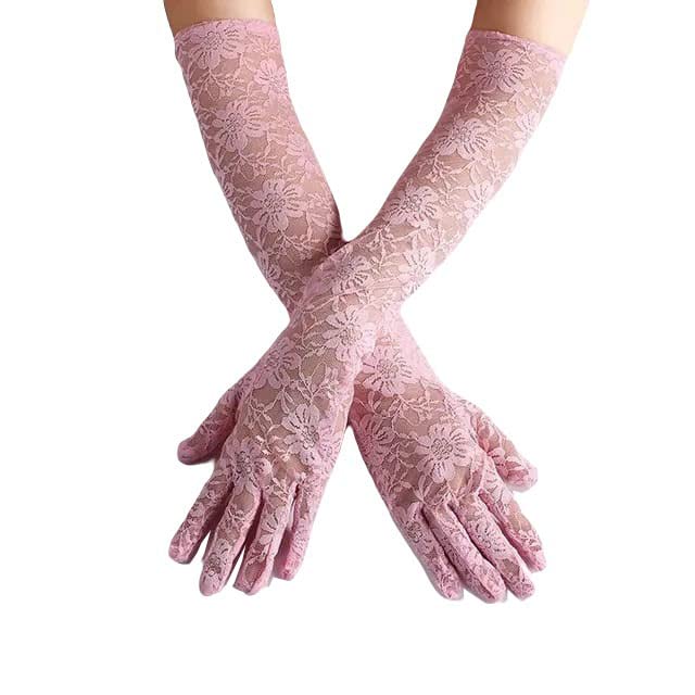 Elegant Satin Lace Gloves Long Bridal Gloves forBride Flower Girls Women Wedding Prom Party_Pink
