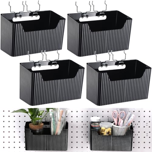Suzile 4 Pcs Pegboard Bins Plastic Bins Set 7.9 x 3.3 x 4.7'' Pegboard Containers with Metal Hooks Organizing Assortment Accessories for Organizing Storage Tools Storage Workbench Garage (Black)