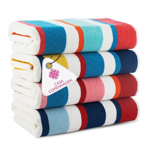 CASA COPENHAGEN Bora Bora Beach Towels Designed in Denmark Rough and Tough, Quick Dry, for Pool, Bath & Shower 30x60 inches 4 Pieces Cotton Beach Bath Towels Set - Pink, Red, Yellow, Turquoise by CASA COPENHAGEN - Used condition - US$24.47