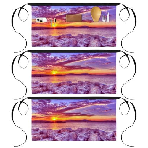 Tablier court de chef lot de 3 avec 3 poches pour cuisine et bistrot couleur violet coucher de soleil