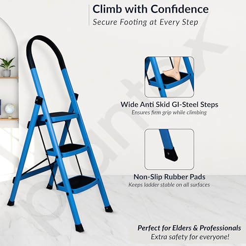 Image of Plantex Premium 3 Step Steel Ladder for Home /Heavy Duty Foldable Stool with Wide Anti-Skid Steps /Portable Multipurpose Ladder /5 Year Warranty (Blue & Black)