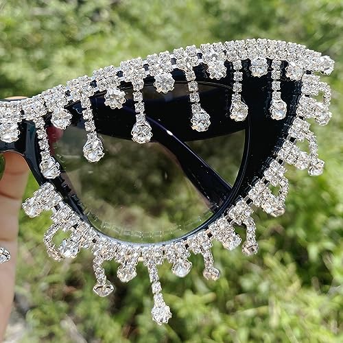 Vintage Cat Eye Tassel Rhinestones Sunglasses Women Crystal Tassels Sun Glasses Unique bling bling Diamond Eyeglasses4