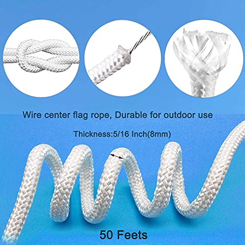 Ruson 50 Feet 5/16 Inch Wire Center Flag Pole Rope And Clips Kit, White Braided Polyester Halyard Steel Center Flag Rope With 2 Pcs 3.5" Flag Swivel Snap Hooks #TOP1