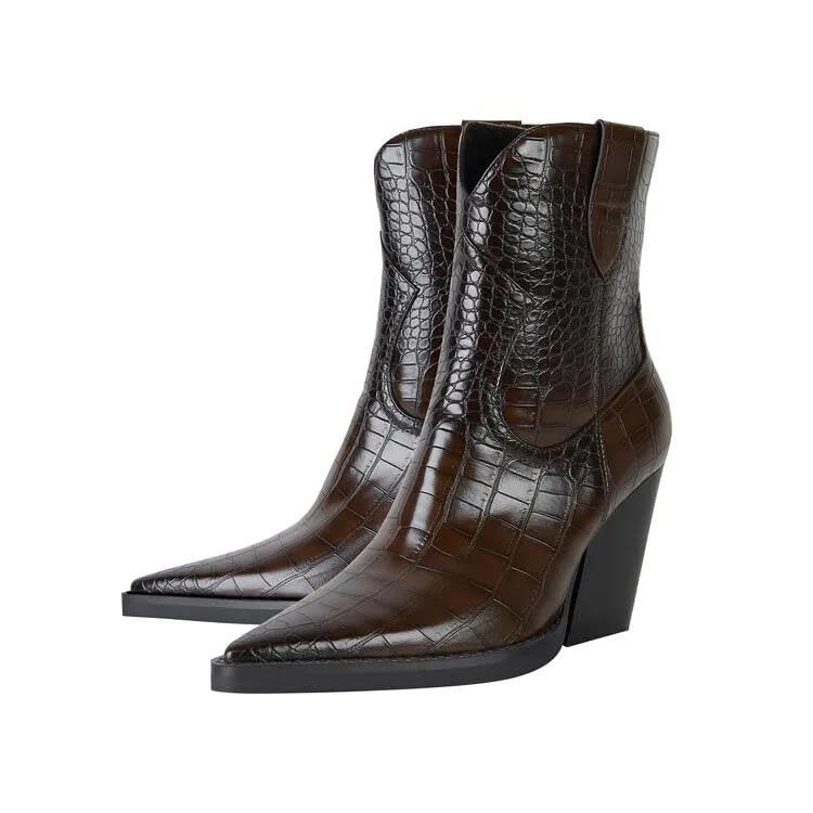 Women Retro Stone Pattern Knee High Boots Thick Heel Pointed Toe Fashion Minimalist Long Shoes