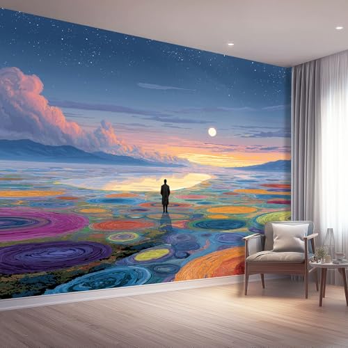 Photo Wallpaper Fantasy 300 x 210 cm, Wall Mural Deco Premium Non-Woven Art Print Wallpaper for Living Room Home Decoration Bedroom Kitchen Wall Paper, Blue Stars Moon