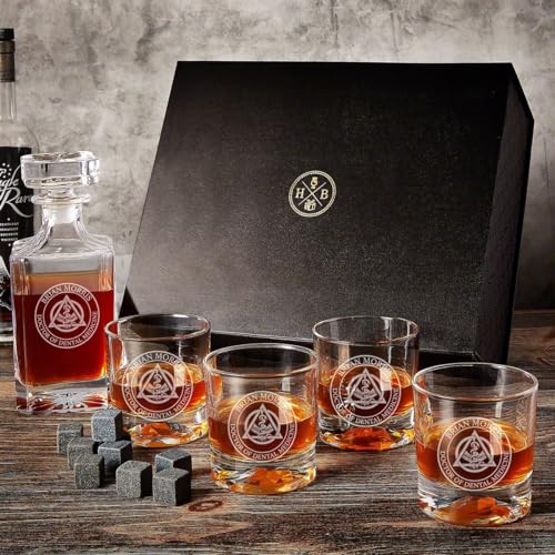 Engraved Dentist Gifts Whiskey Decanter Luxury Box Set - 7pc Dental Crest