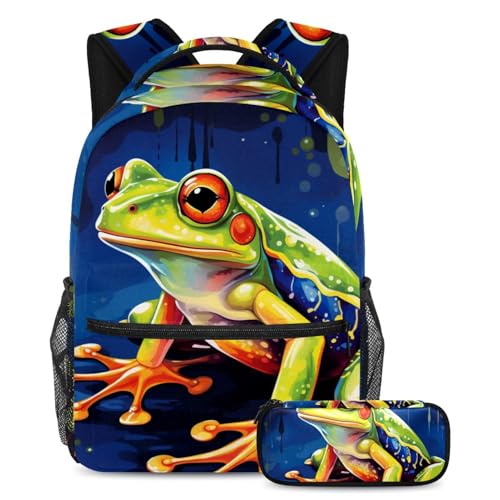 Sac à dos avec trousse à crayons motif art aquarelle grenouille sac d'école