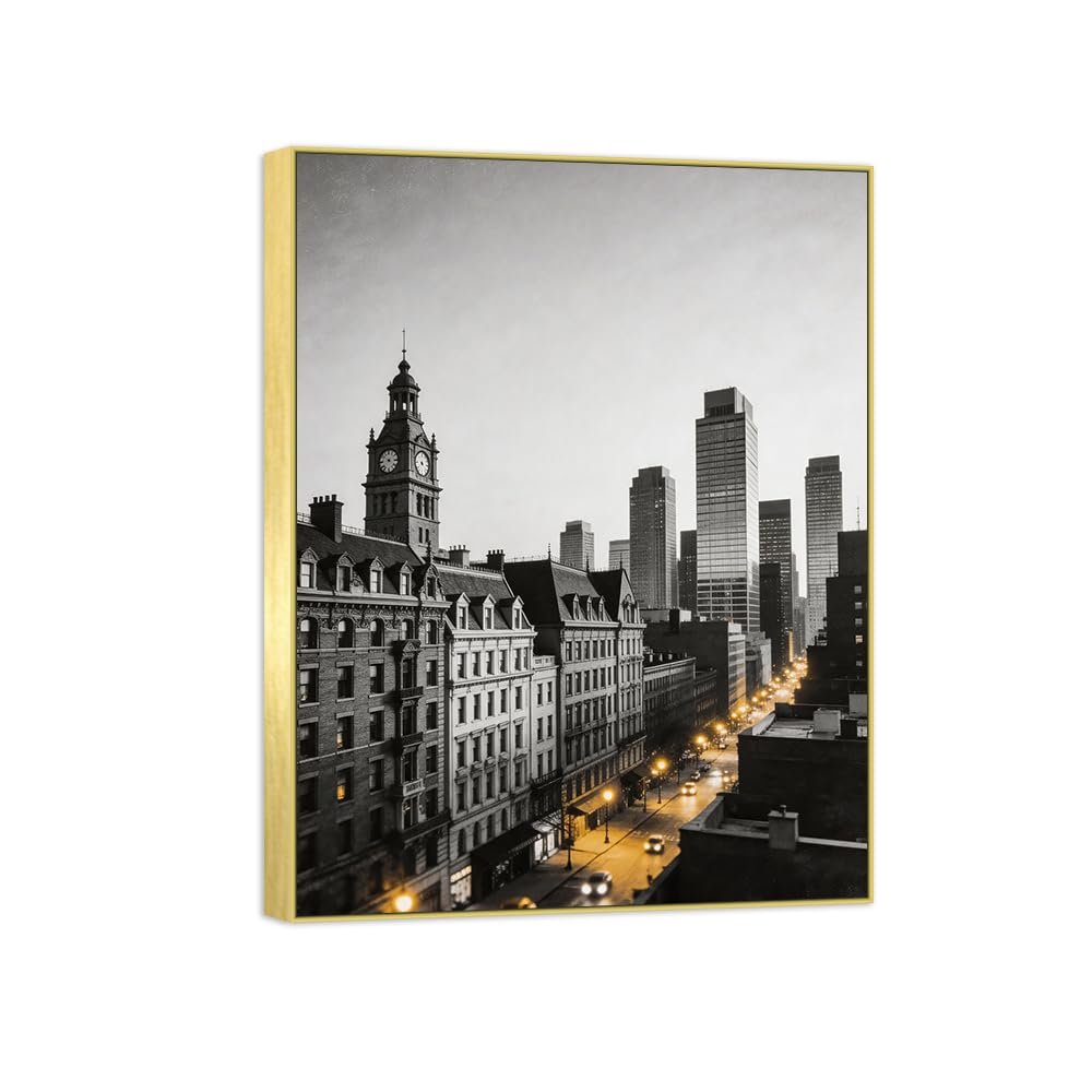 OZPWBVY City Street Black White Landscape Canvas Picture 50x65cm Gold Frame