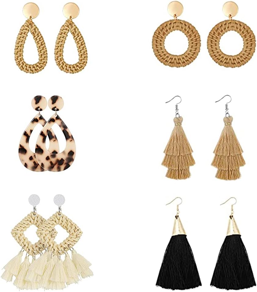 6 Pairs Rattan Earrings Lightweight Geometric Statement Fashion Tassel Woven Bohemian Earrings Handmade Straw Wicker Braid Hoop Stud Drop Dangle Earrings For Women Girls Valentine Birthday Party Gift