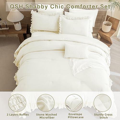 Image of QSH Ruffle Comforter Set King Size, Shabby French Country Chic Bedding Ivory Comforter Sets, 3 Pieces Farmhouse Lightweight Boho Comforter Set for Bed, Ultra Soft Microfiber Fluffy Bedding