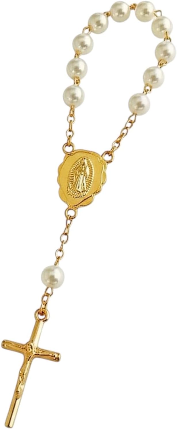 25 Gold Plated Mini Rosary for Baptism Favors in ivory color Faux pearls, recuerdos de bautizo tono Beige, christening guest gifts off white tone , communion memento, wedding mini rosaries