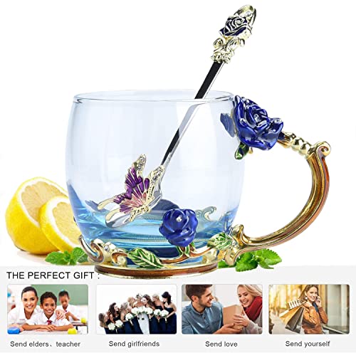 Butterfly Flower Glass Tea Cup, Handmade Enamels Rose Coffee Mugs with Spoon, Personalized Unique Gift for Her Women Mom Grandma Wife Friends Birthday Mothers Valentines Day Wedding(Blue-Short) by DUOQIAN - Image 2