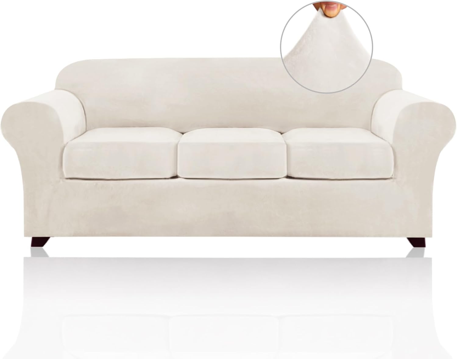PrinceDeco Velvet Couch Covers for Sofa Soft 4 Pieces Couch Covers for 3 Cushion Couch Sofa Pet Friendly Furniture Protector with Non Slip Elastic Bottom Width Up to 90 Inch (Large, Porcelain) Porcelain Large(72"-90")