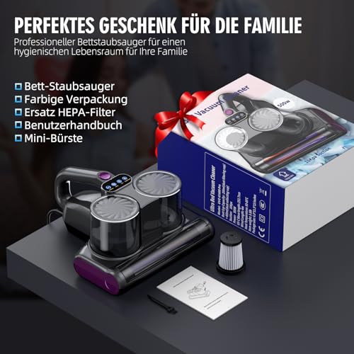 JPHYLL Milbensauger für Matratzen Milbenstaubsauger mit 253,7nm UV-Licht 16Kpa Bett-Staubsauger Bürstenwalzenklopfen HEPA Filter Ultraschall Heißer Wind Funktion Verbreiterte Saugöffnung