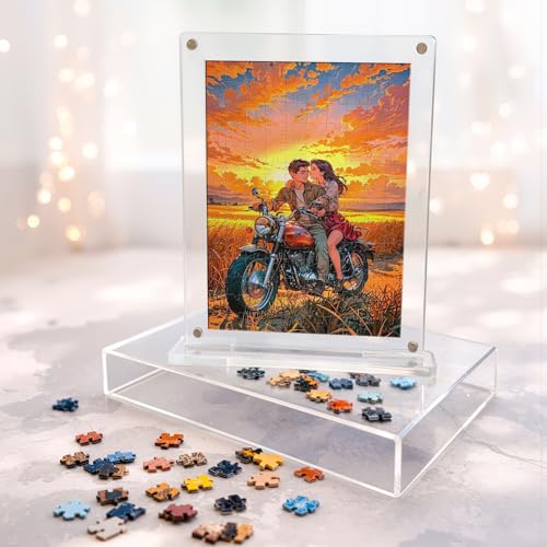 Image of Mini Leaves Couple on a Bike Acrylic Frame Jigsaw Puzzle 140 Pieces | Romantic Desk Decor with Display Frame | Premium Collectible Gift for Couples Friends & Puzzle Lovers