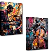 PBXBJY Black Music Wall Art Jazz Canvas Prints 2 Pieces African American Playing Piano and Violin...
