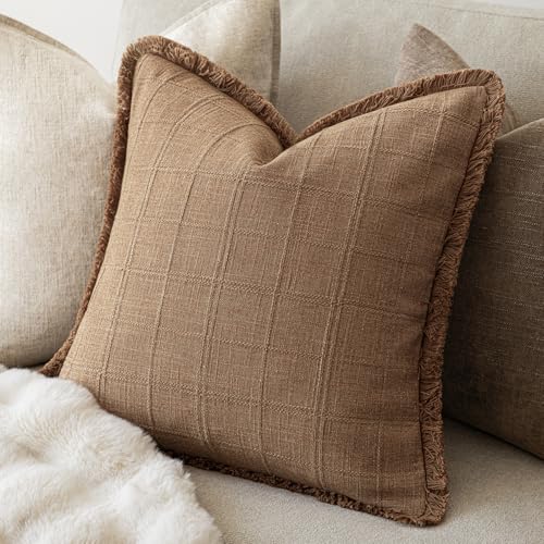 Image of Foindtower Set of 2 Decorative Linen Check Fringe Throw Pillow Covers Farmhouse Vintage Cushion Covers Modern Boho Home Decor for Sofa Chair Couch Bedroom Living Room Outdoor,24x24 Inch,Brick Red
