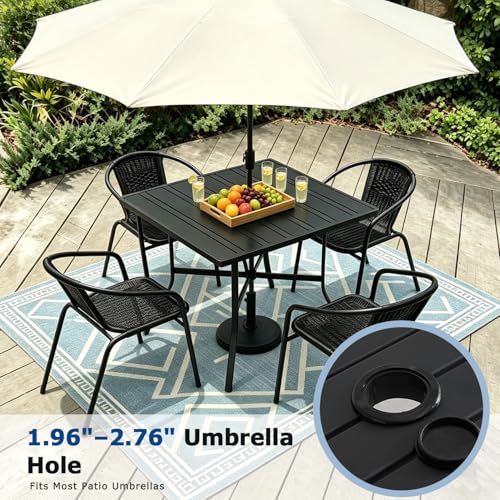 Image of 5 Piece Patio Dining Set with Black Outdoor Metal Table & 4 Hand-Woven PE Rattan Stackable Chairs for Backyard Garden Poolside, Black Chairs