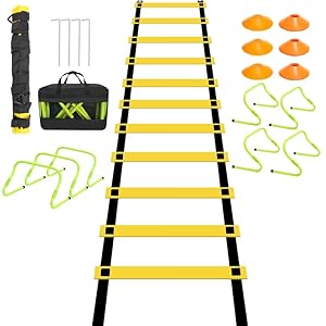 Accessoires d’entraînement de football, échelle de coordination, échelle d’entraînement, échelle de coordination avec 6 obstacles réglables, 12 disques coniques, sac de rangement, kit