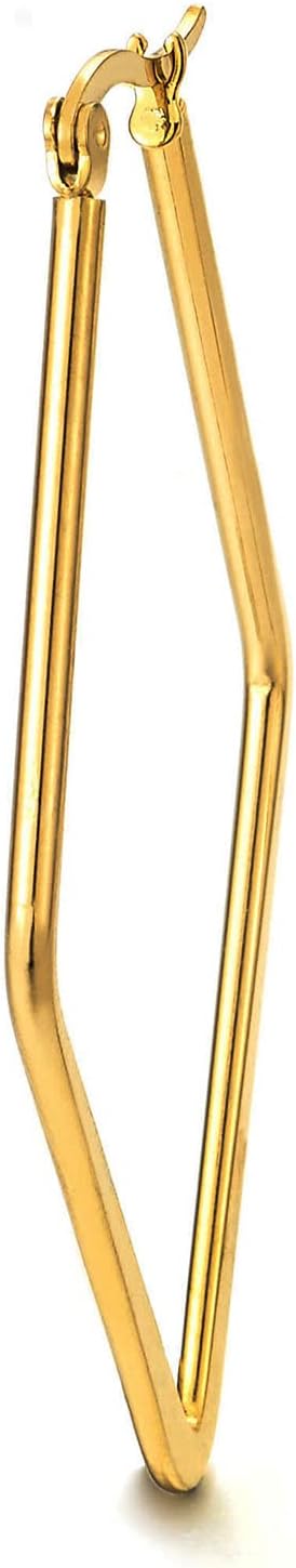 Pair Stainless Steel Gold Color Large Rhombus Huggie Hinged Hoop Earrings for Women - Image 2