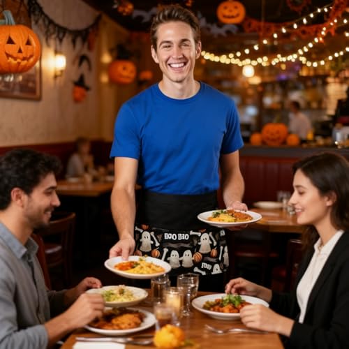 Image of BOHARERS Waitress Aprons With 3 Pockets Halloween Aprons for Servers,Ghost Black Waist Aprons for Women - Halloween Decorations