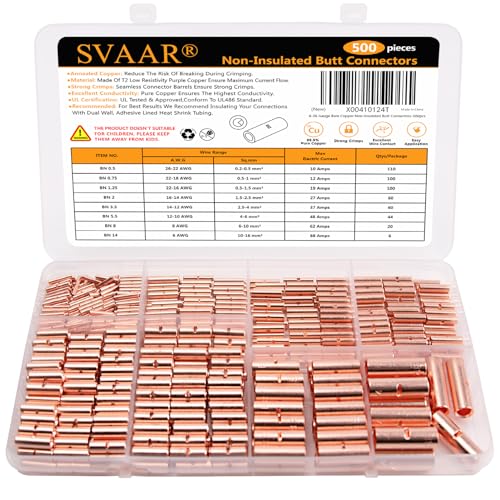 SVAAR Non-Insulated Butt Connectors 500 PCS Butt Splice Connectors,Bare Pure Copper Non-Insulated Wire Connectors for 26-6 Gauge Butt Splice Crimp Butt Connectors,Uninsulated Electrical Butt Terminals