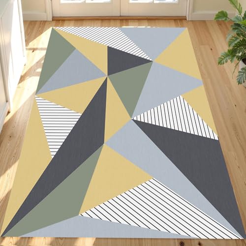 Tapis de salon géométrique ocre jaune grand format 180 x 300 cm lavable