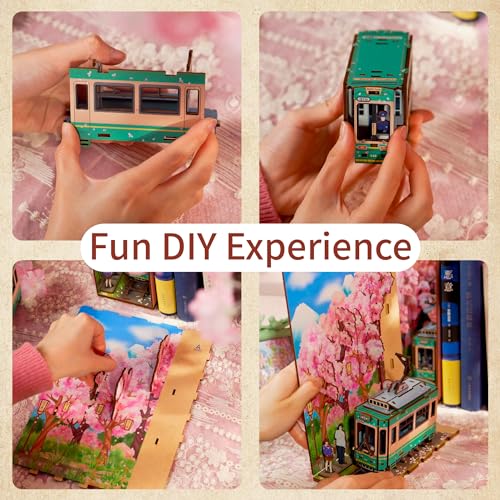 Image of Tonecheer DIY Book Nook Kit for Adults,3D Wooden Puzzle Bookend Bookshelf Insert Library Decor, Booknook Miniature House Kit with Body Motion Sensor LED Light (Sakura's Travel)