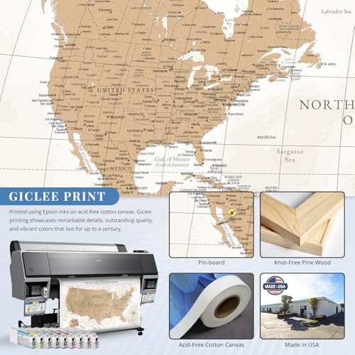 Image of IPIC - Vintage World Map & USA Map Canvas Wall Art Set of 2, Travel Wall Decor with Pins Included, Ready to Hang for Office or Living Room, 40x30 Inch