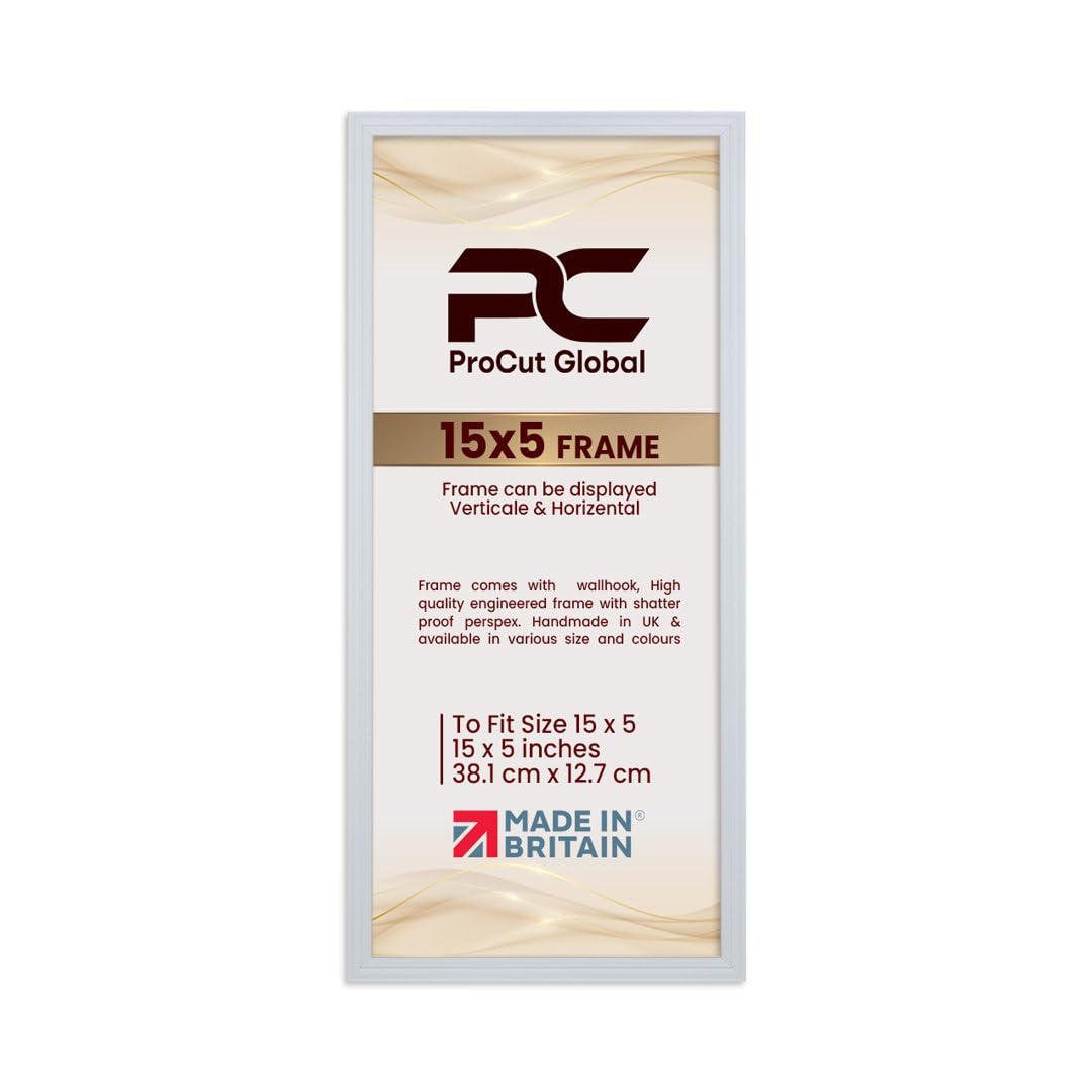 Procut Global 15X5 White Picture Frames - Classic Wooden Photo Frame with Shatterproof Perspex for Wall or Tabletop - Perfect for Posters, Certificates & Prints - Sizes & Colors Available
