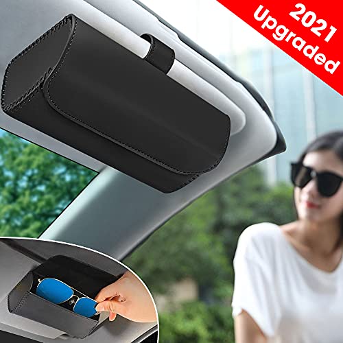 Car Glasses Holder for Sun Visor,Sunglasses Holder Eyeglasses Clip Case,Universal Car Visor Glasses Organizer Box,Auto Leather Sunglasses Magnetic Storaging Case[Durable],Gift for Women Men-Black