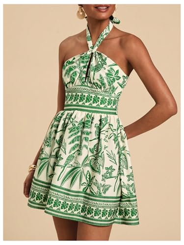 SOLY HUX Women's Sundress Tropical Print Halter Dress Tie Backless Sleeveless A Line Short Summer Dresses3