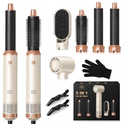 Brosse Soufflante avec 5 accessoires, Golden Goods Multistyler Sèche-cheveux, Airstyler 5-en-1, pour sécher, Brosse Coiffante Chauffante, Pour Lisser,...
