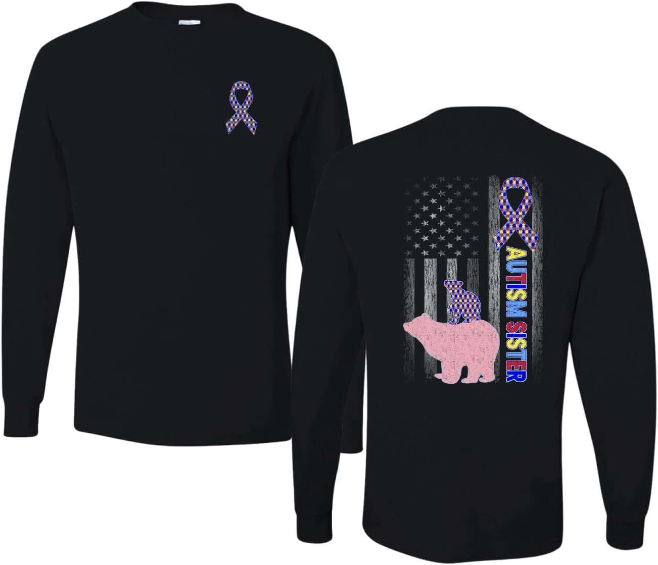 Autism Awareness Month Bear Family | Vintage American Flag | Autism Puzzle Ribbon Mens Long Sleeve Shirt
