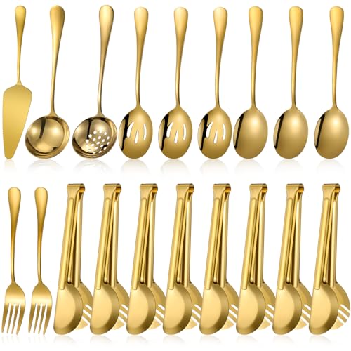 Tanlade 19 Pcs Gold Stainless Steel Serving Utensils Set Flatware Include Forks Spoons Slotted Spoons Soup Ladle Skimmers Pie Server Serving Tongs for Buffet Party Breakfast Home Dinner