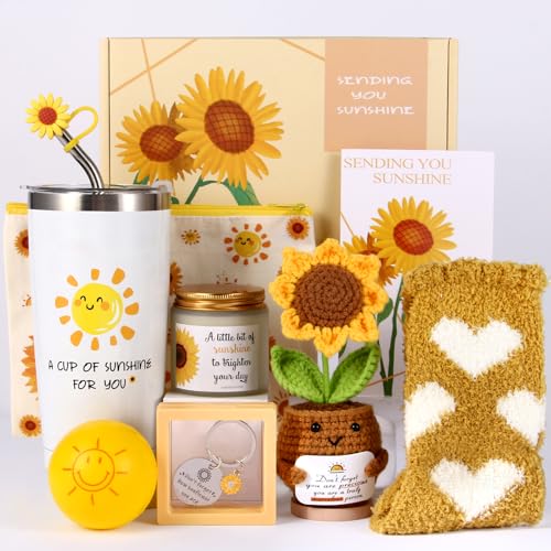 10Pcs Sunshine Gift for Women - Unique Care Package with Sunflower Gifts Friendship Box of Sunshine for Mom Sister Wife Get Well Soon & Birthday Present Self Care Basket for Women Recovery