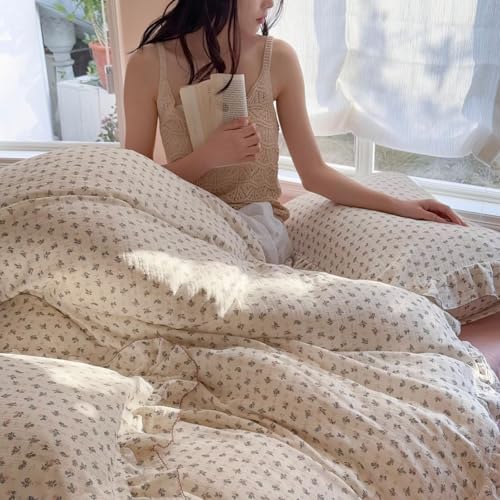 Image of BuLuTu Chic Floral Muslin Duvet Cover Queen, Princess Ruffles Comforter Cover with Bellflower Print, Teens Bedding Queen Girls Quilt Covers 90 inchx90 inch, Zipper Closure, No Pillow Cases