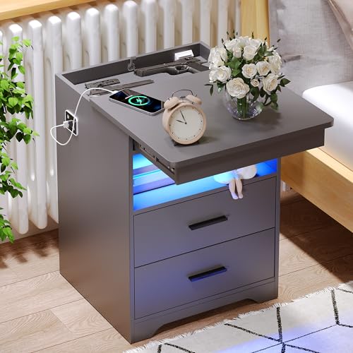 Modern Nightstand with Gun Drawer, USB/Type-C Charging, LED Sensor Light, and Storage for Bedroom or Office, Grey