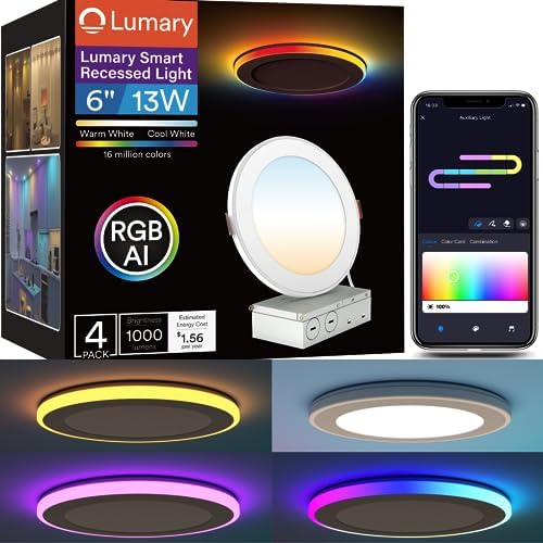 Lumary RGBAI Smart Recessed Lighting 6 Inch with Gradient Accent Light and Night Light 13W 1100lm Wi-Fi Recessed Lights Ultra-Thin Can-Killer Downlight Work with Alexa/Google Assistant/Siri, 4PCS