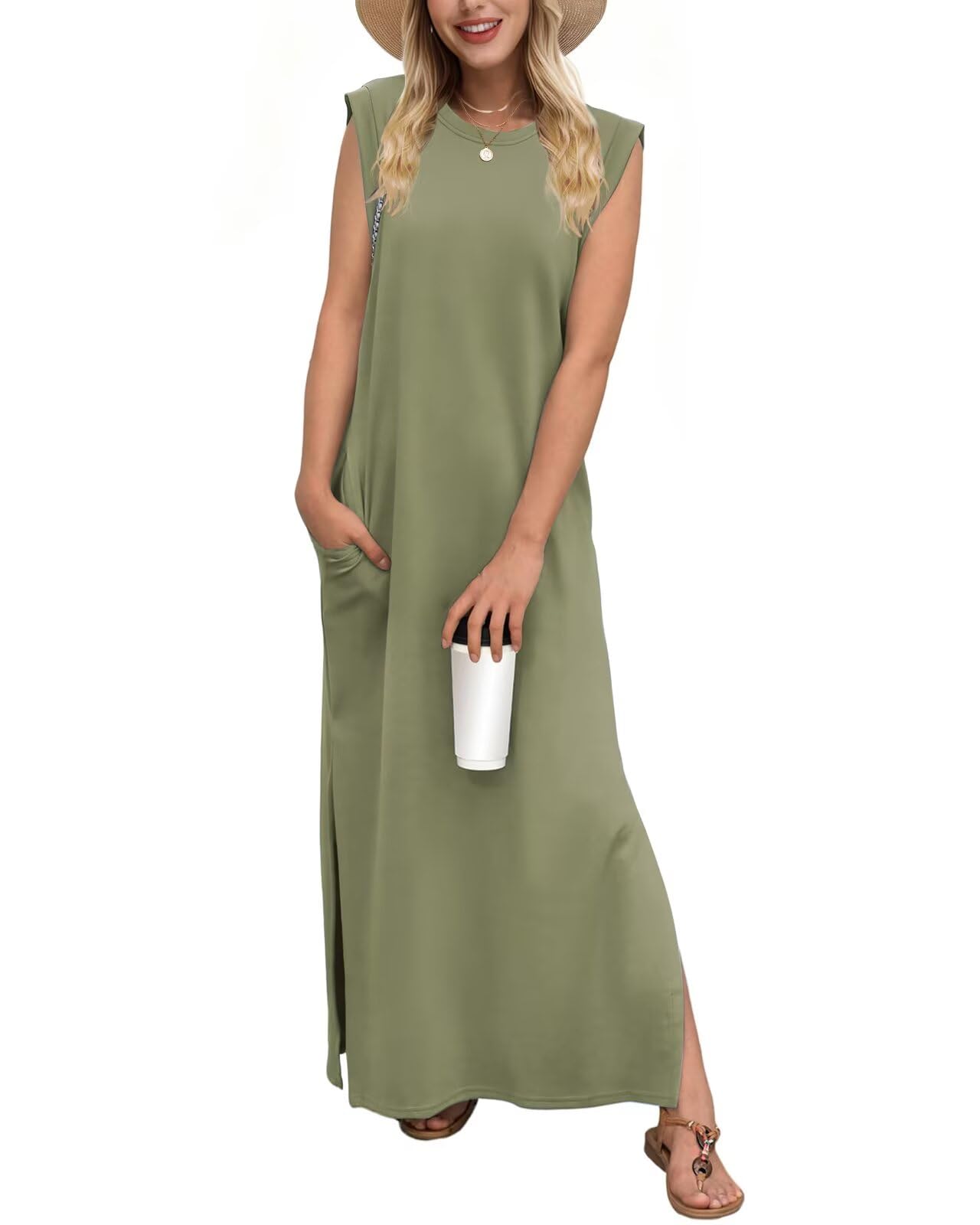 Tanmolo Damen Maxikleid Ärmellos Rundhals mit Taschen Seitenschlitzen | Lässiger, Eleganz, Alltag & Urlaub