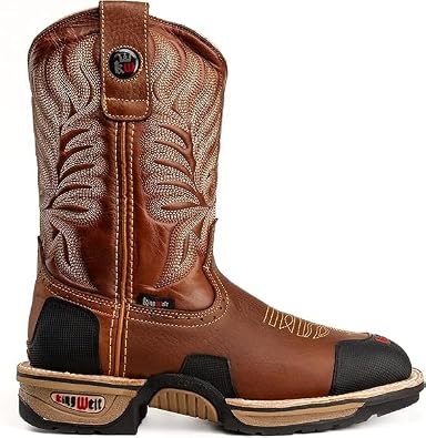 King Welt Buffalo Tan 10" Premium Leather Slip Resistant Mens Western Cowboy Work Boots, Steel Toe , Square Toe, Pull On, Abrasion Resistant Toe and Heel Guard US Footwear Size System, Adult, Men, Numeric, Medium, 14