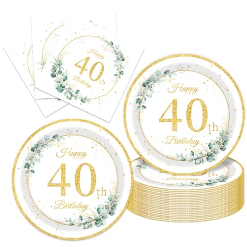 40Pcs Sege Greenery 40th Birthday Decorations for Her Him Eucalyptus-themed Plates and Napkins Set Party Supplies Disposable Sage Tableware for Men Women Happy 40th Birthday Decorations