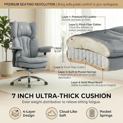 ATMILD Big and Tall Office Chair, 400lbs Heavy Duty Wide Seat Executive Chair with Footrest, High Back Leather Computer Desk Chair for Home Office (Grey) - Image 6