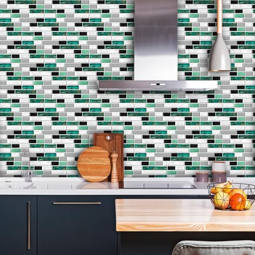 Azulejos Adhesivos Cocina Ladrillo De Mármol Verde Baldosas Adhesivas Pared Gabinete Muebles Baño Autoadhesivo Impermeable PVC Hogar Decoración Vinilo Pared Cocina 20x10cm/27 piezas