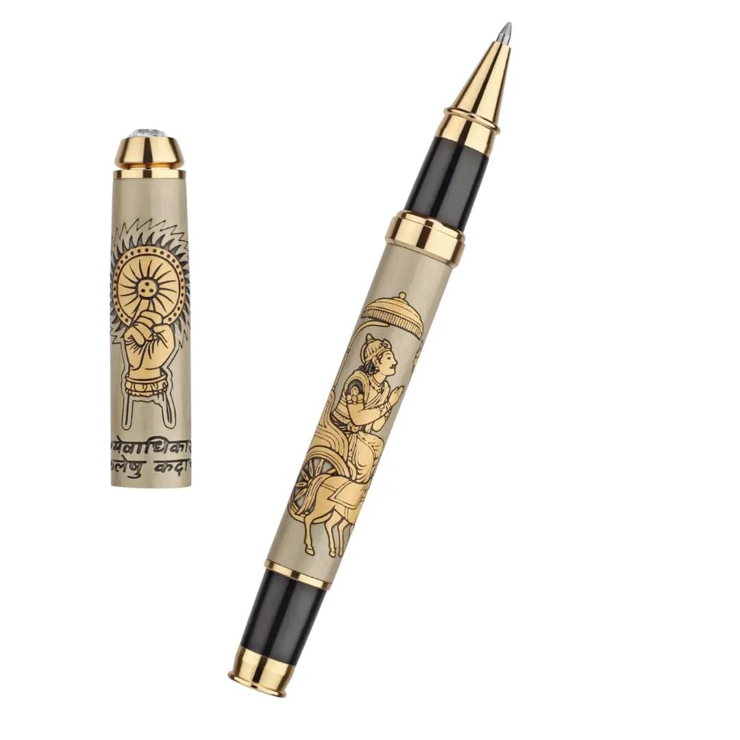 CUSTOMISED INDIA Bhagwat Geeta Engraved Roller Ball Pen | Lord Krishna & Arjuna Chariot Design | Bhagwad Geeta Updesh Etched Pen | Personalized Name Pen with Golden Gift Box | Premium Spiritual Gift-image-45