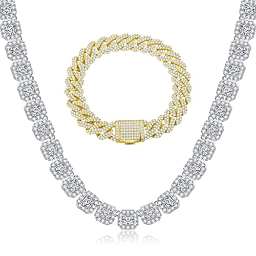 Luxfine 12Mm Iced Out Initial Tennis Chain Miami Cuban Link Bracelet Clustered Diamond Necklace 14K/ White Real Gold Plated Hypoallergenic Hip Hop Jewelry For Men Women Birthday Gift #TOP21